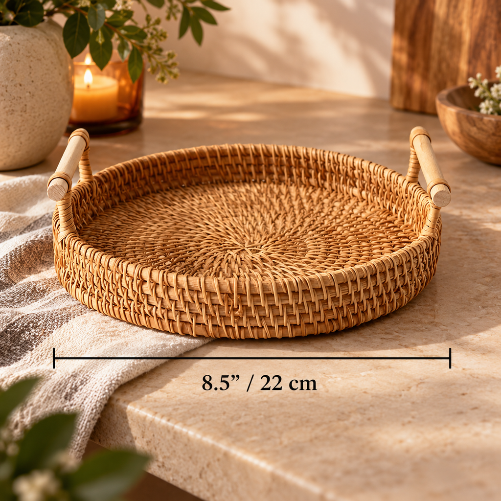 A round woven rattan tray with two light wood handles sits on a stone countertop in a warm, styled kitchen setting. A black dimension line across the bottom indicates the tray's width as 8.