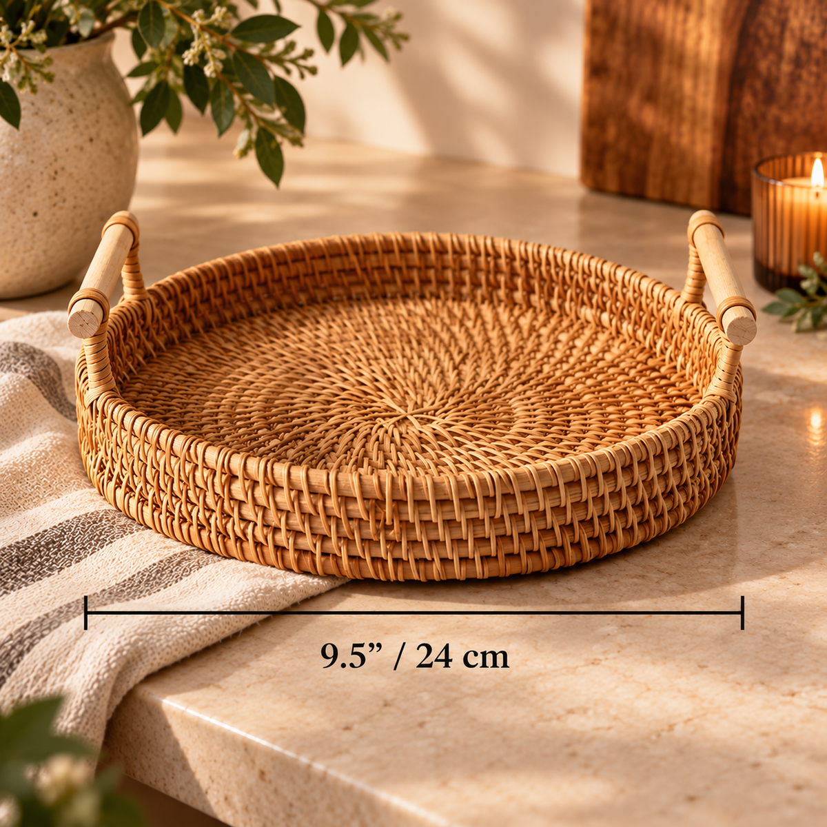 Round woven rattan tray with two light wood handles, shown on a beige stone surface with a size marker indicating 9.5 inches / 24 cm diameter.