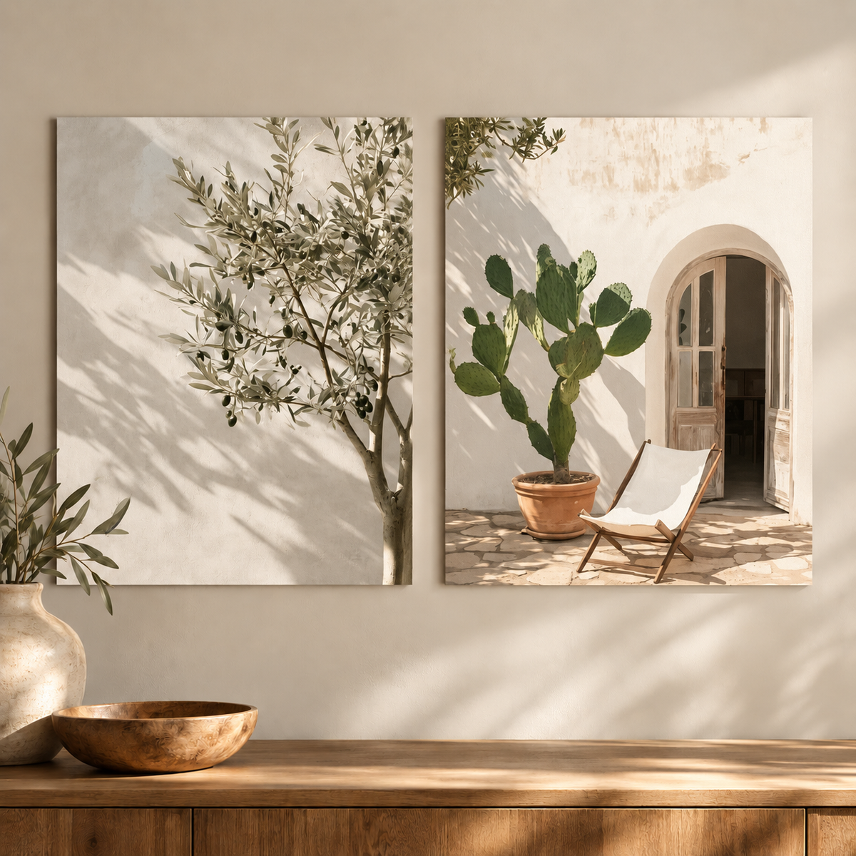 Two framed wall art prints displayed side by side on a beige wall above a wooden console table. The left print shows a tree with leafy branches casting shadows on a light textured background.