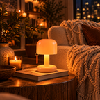 A warm, glowing mushroom-shaped table lamp sits on a wooden table in a cozy living room setting, next to a lit candle, a book, and a knitted throw blanket on a sofa.