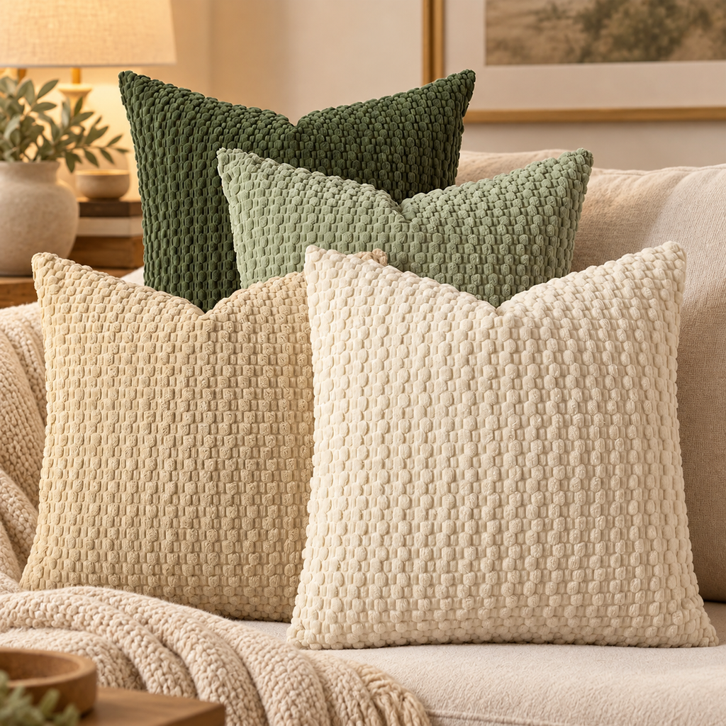 Three textured throw pillows in cream, sage green, and forest green arranged on a beige sofa in a warm, styled living room setting.