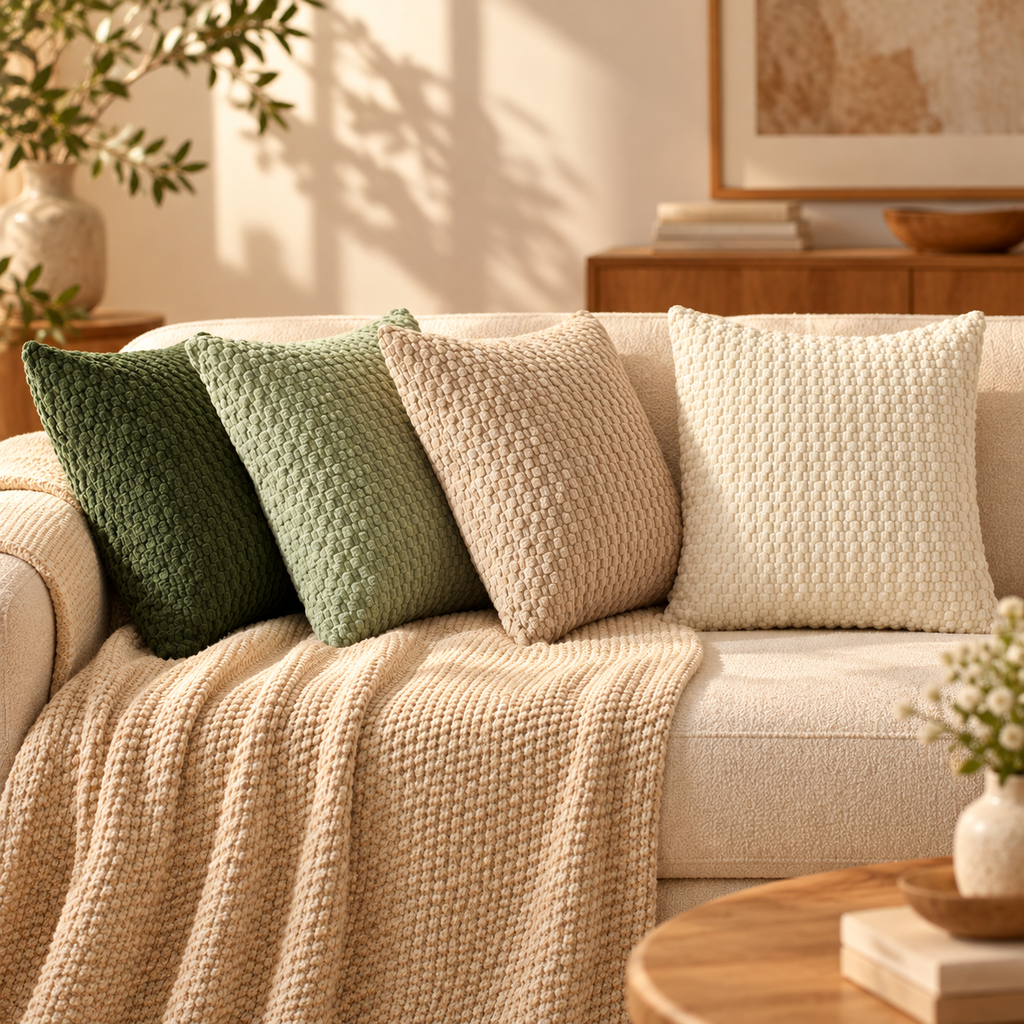 Four textured throw pillows in green, beige, and cream tones arranged on a cream sofa with a matching knit throw blanket, in a warm, sunlit living room setting.