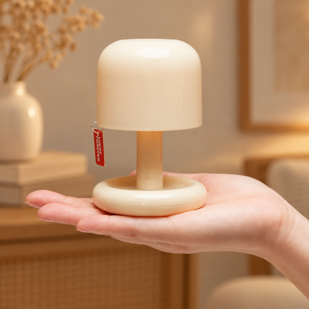 A small mushroom-shaped table lamp in a warm cream color, held in the palm of a hand. The lamp features a rounded cap, a matching stem, and a circular base, with a small red fabric tag hanging from the side.