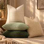 Four textured throw pillows in green, beige, and cream tones arranged on a rug with a matching knit throw blanket, in a warm, sunlit living room setting.