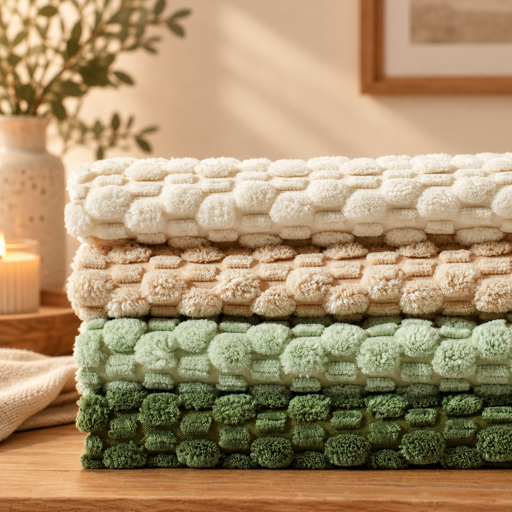 A stack of four textured pillow covers in cream, beige, light green, and dark green, arranged on a wooden surface with a softly blurred warm-toned interior background.