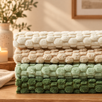 A stack of four textured pillow covers in cream, beige, light green, and dark green, arranged on a wooden surface with a softly blurred warm-toned interior background.