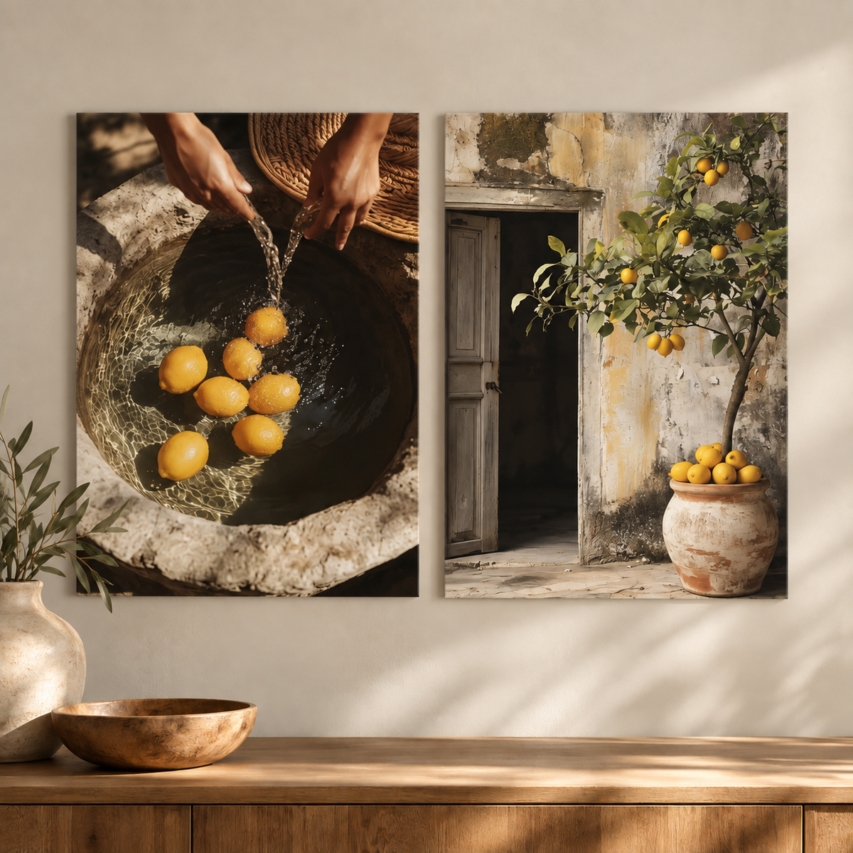Two vertical wall art prints displayed side by side on a beige wall above a wooden console table. The left print shows hands washing oranges in a stone bowl, and the right print shows an orange tree and potted oranges beside a rustic doorway.