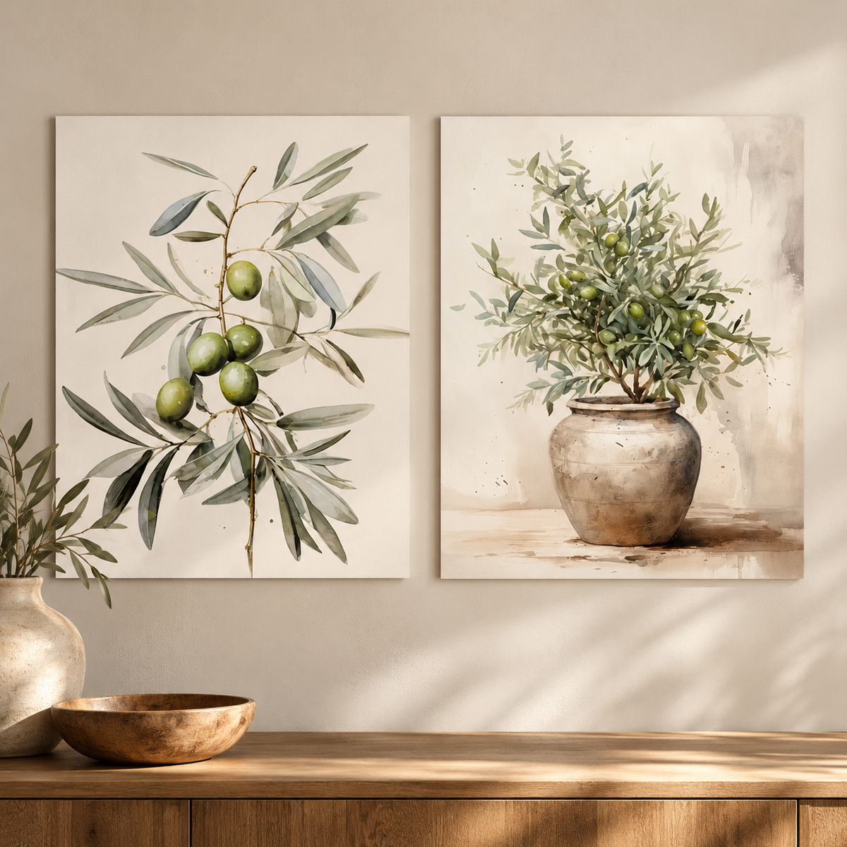 Two vertical botanical wall art prints depicting olive branches and olives in a rustic pot, displayed side-by-side on a beige wall above a wooden console table with decorative vases and a bowl.