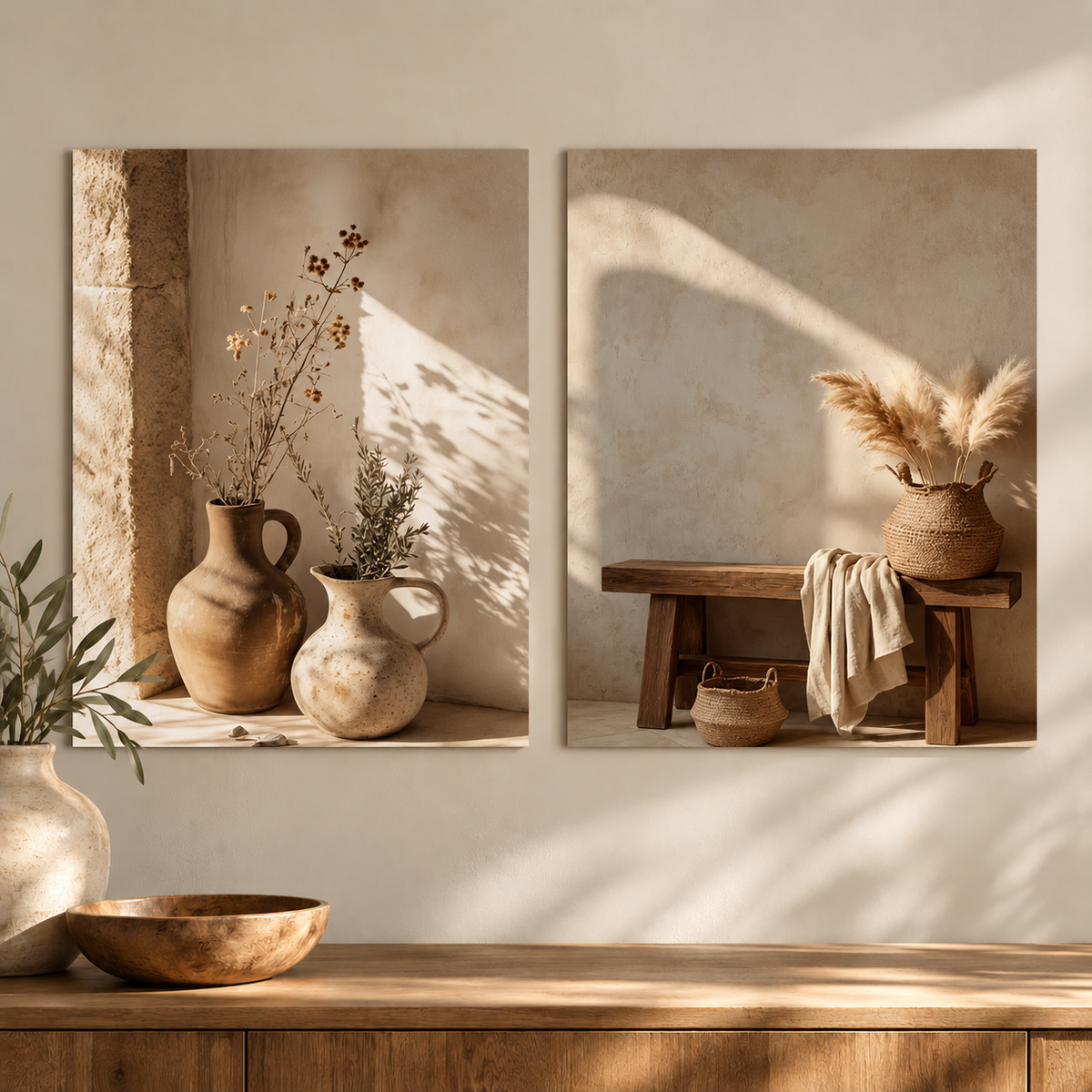Two vertical wall art prints with warm neutral boho still life scenes, displayed side-by-side on a beige wall above a wooden console table with a bowl and vase.