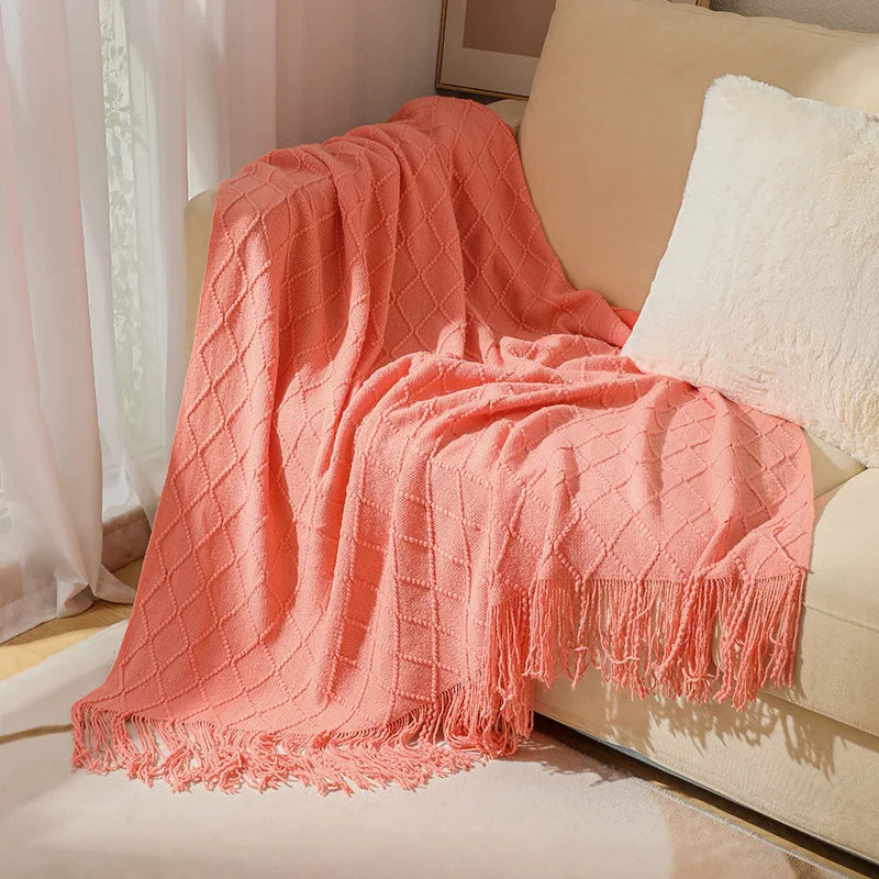 Chunky Knitted Tassel Throw Blanket | Soft Textured Sofa & Bed Throw