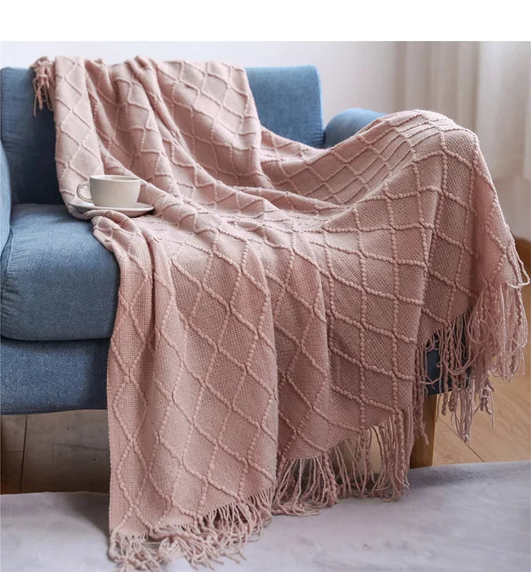 Chunky Knitted Tassel Throw Blanket | Soft Textured Sofa & Bed Throw
