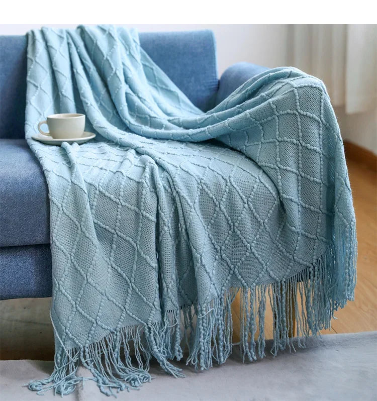 Chunky Knitted Tassel Throw Blanket | Soft Textured Sofa & Bed Throw