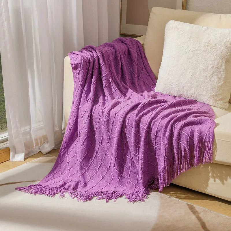 Chunky Knitted Tassel Throw Blanket | Soft Textured Sofa & Bed Throw