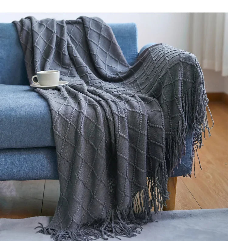 Chunky Knitted Tassel Throw Blanket | Soft Textured Sofa & Bed Throw