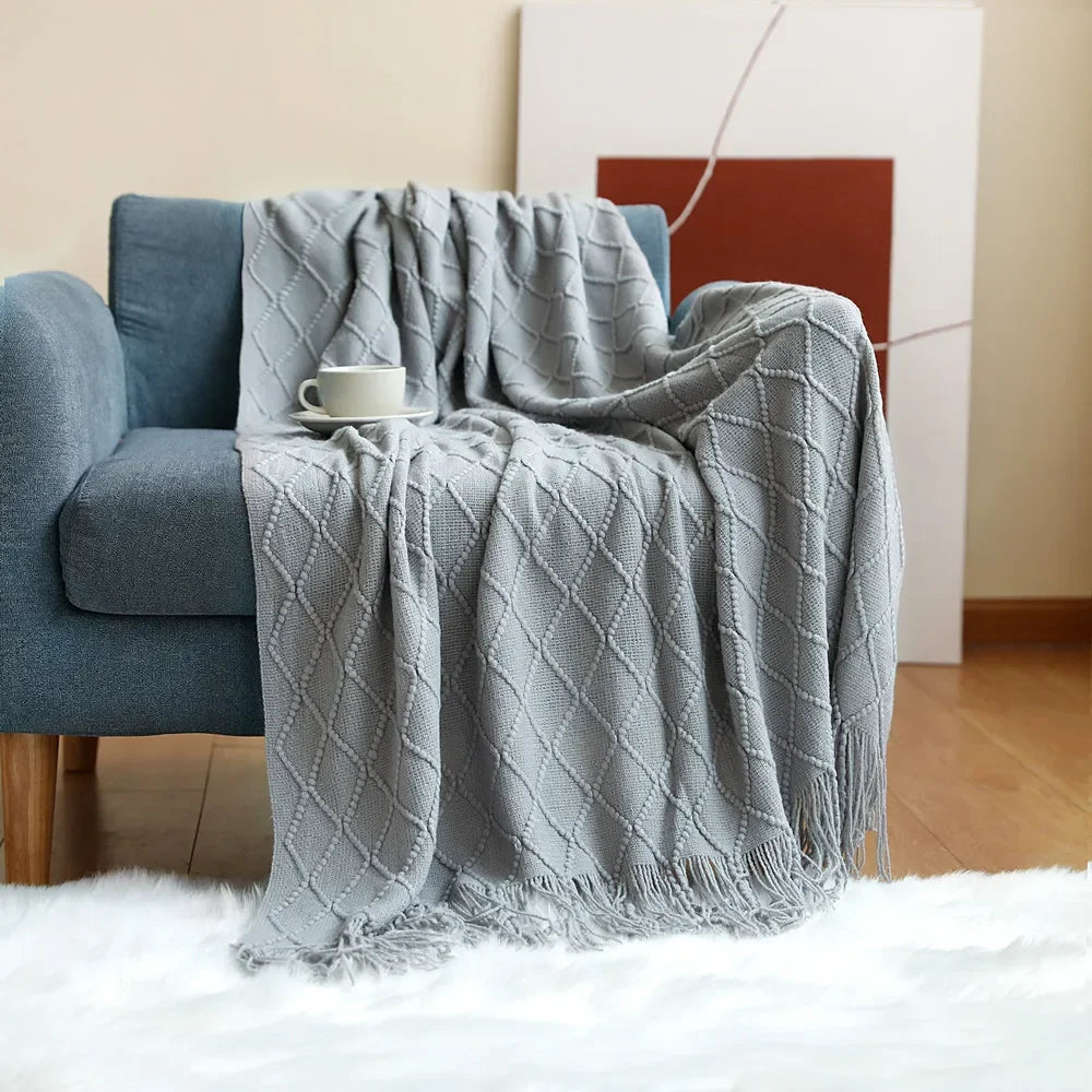 Chunky Knitted Tassel Throw Blanket | Soft Textured Sofa & Bed Throw