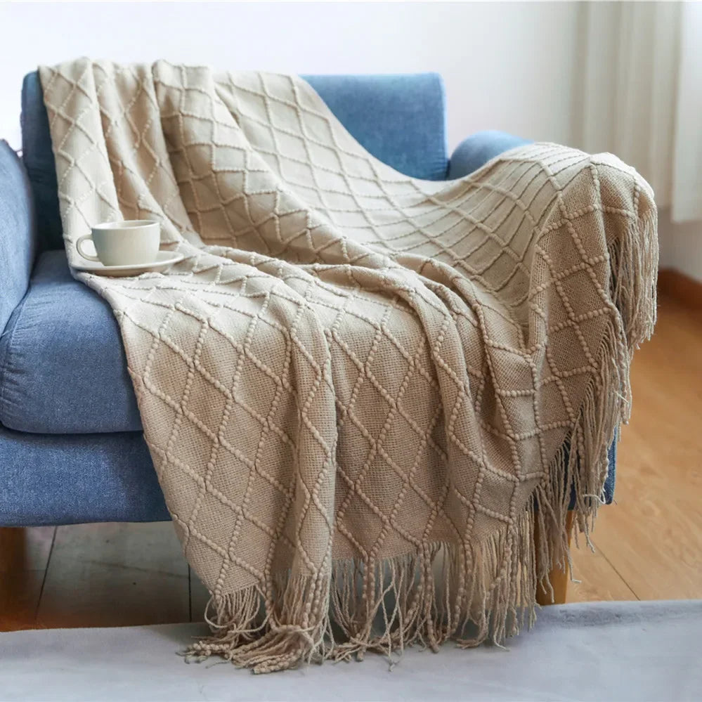 Chunky Knitted Tassel Throw Blanket | Soft Textured Sofa & Bed Throw