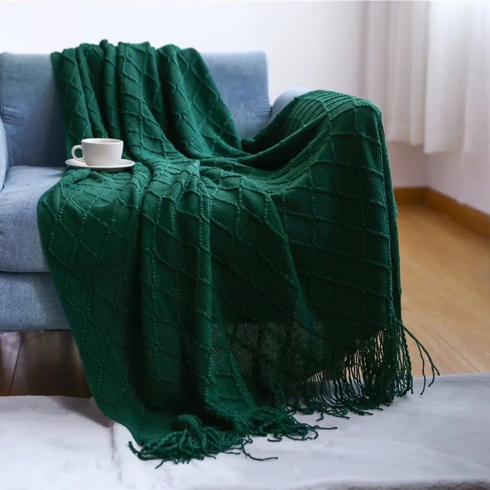 Chunky Knitted Tassel Throw Blanket | Soft Textured Sofa & Bed Throw