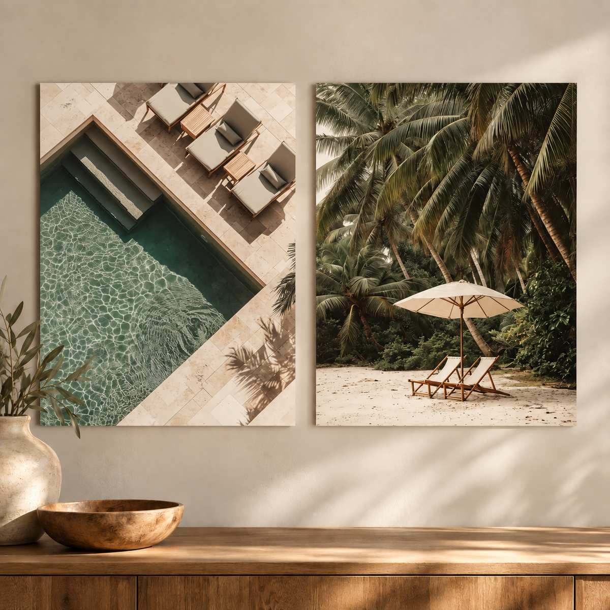 Two vertical wall art prints displayed side by side on a beige wall above a wooden console table. The left print shows an overhead view of a swimming pool with lounge chairs, and the right print shows a tropical beach scene with palm trees, lounge chairs, and a cream umbrella.