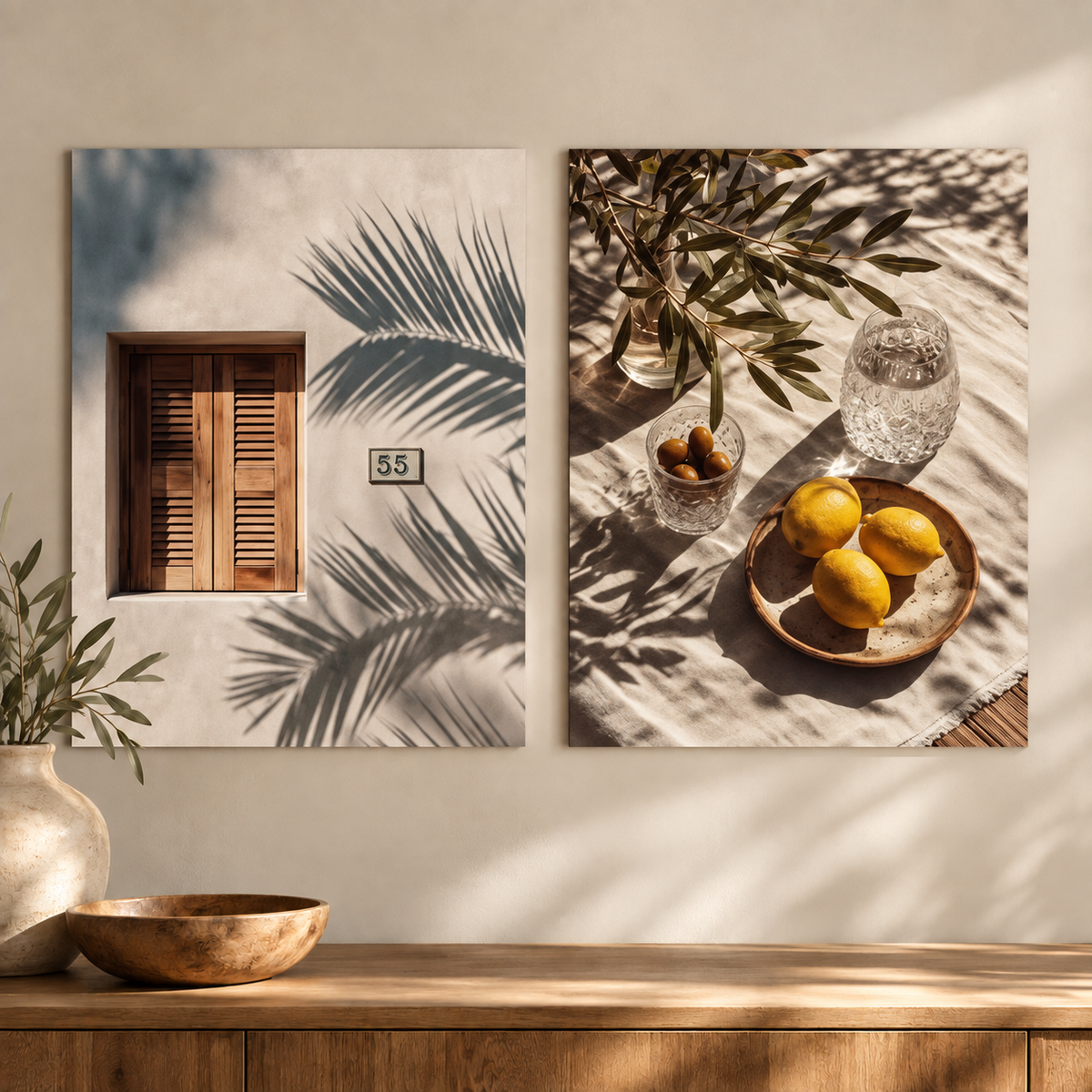 Two vertical wall art prints displayed side by side on a beige wall above a wooden console table. The left print shows a rustic wooden shutter window with palm leaf shadows and the number 55 on a light wall.