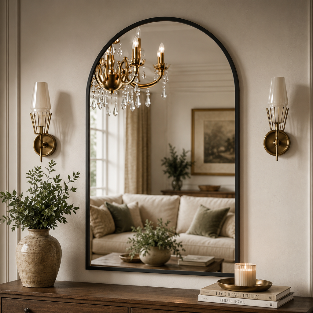 An arched black-framed wall mirror hanging above a wooden console table in a styled living room. The mirror reflects a chandelier and a sofa, while the room itself is decorated with two brass sconces, potted green plants in ceramic vases, and a lit candle on books.