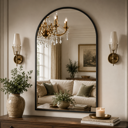 An arched black-framed wall mirror hanging above a wooden console table in a styled living room. The mirror reflects a chandelier and a sofa, while the room itself is decorated with two brass sconces, potted green plants in ceramic vases, and a lit candle on books.