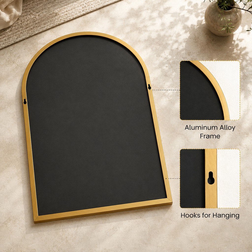 An arched black chalkboard with a gold aluminum frame, shown on a light beige textured surface with two inset detail callouts highlighting the curved aluminum frame and hanging hooks.