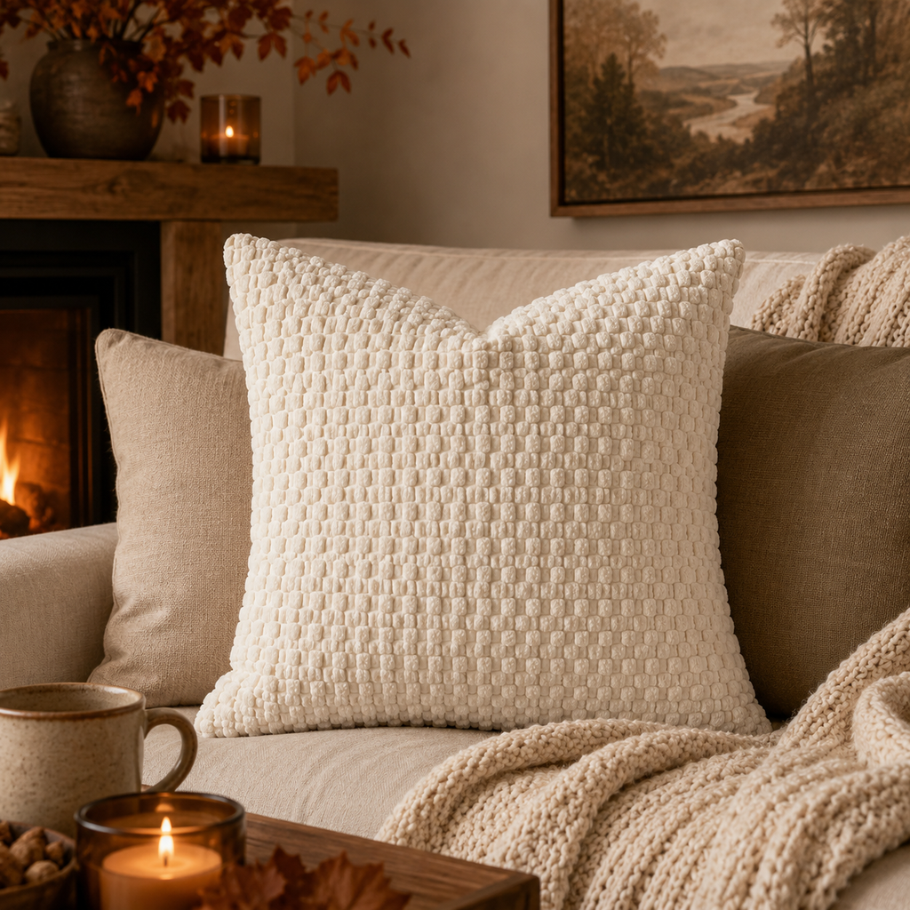 A square cream-colored textured throw pillow with a raised basketweave pattern, styled on a beige sofa in a cozy living room setting with a fireplace, candles, and a knit blanket.