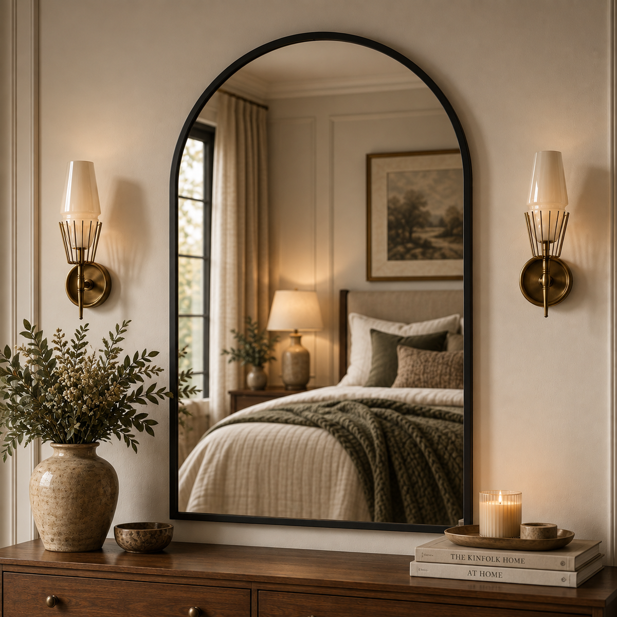 An arched wall mirror with a black frame hangs above a wooden dresser in a styled bedroom. The mirror reflects a neatly made bed, while the surrounding room features warm lighting from brass sconces, a vase with dried foliage, and a lit candle on books.