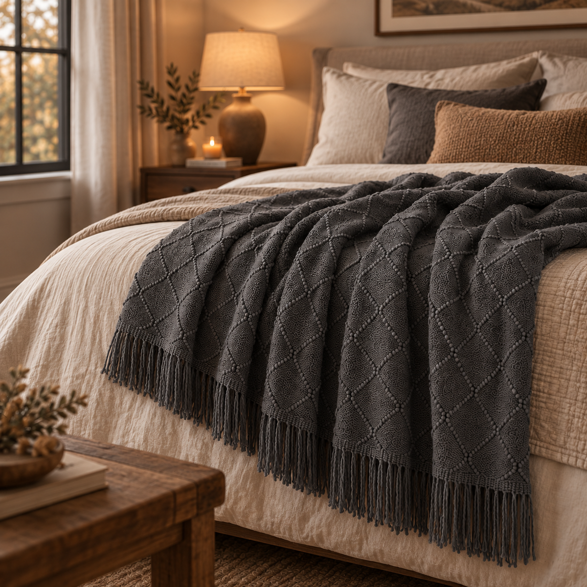 A dark charcoal gray knitted throw blanket with fringe trim draped over a bed in a warm, cozy bedroom setting.