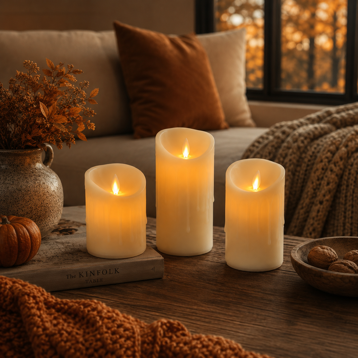 Three faux LED pillar candles with warm yellow flames are arranged on a wooden table in a cozy living room setting with autumn decor, including a book, small pumpkin, and knitted blankets.