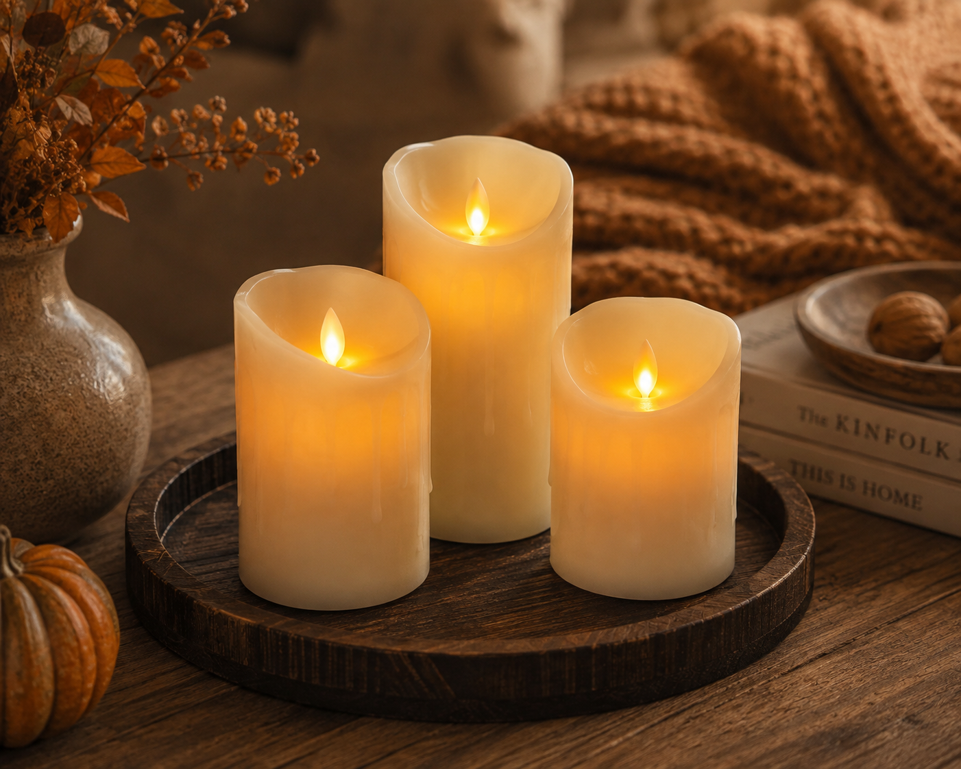 Three cream-colored faux LED pillar candles with glowing yellow flames, arranged on a round dark wooden tray on a rustic wooden table. The scene is styled with autumn decor, including a small pumpkin, a vase with dried leaves, a chunky knit blanket, and books.