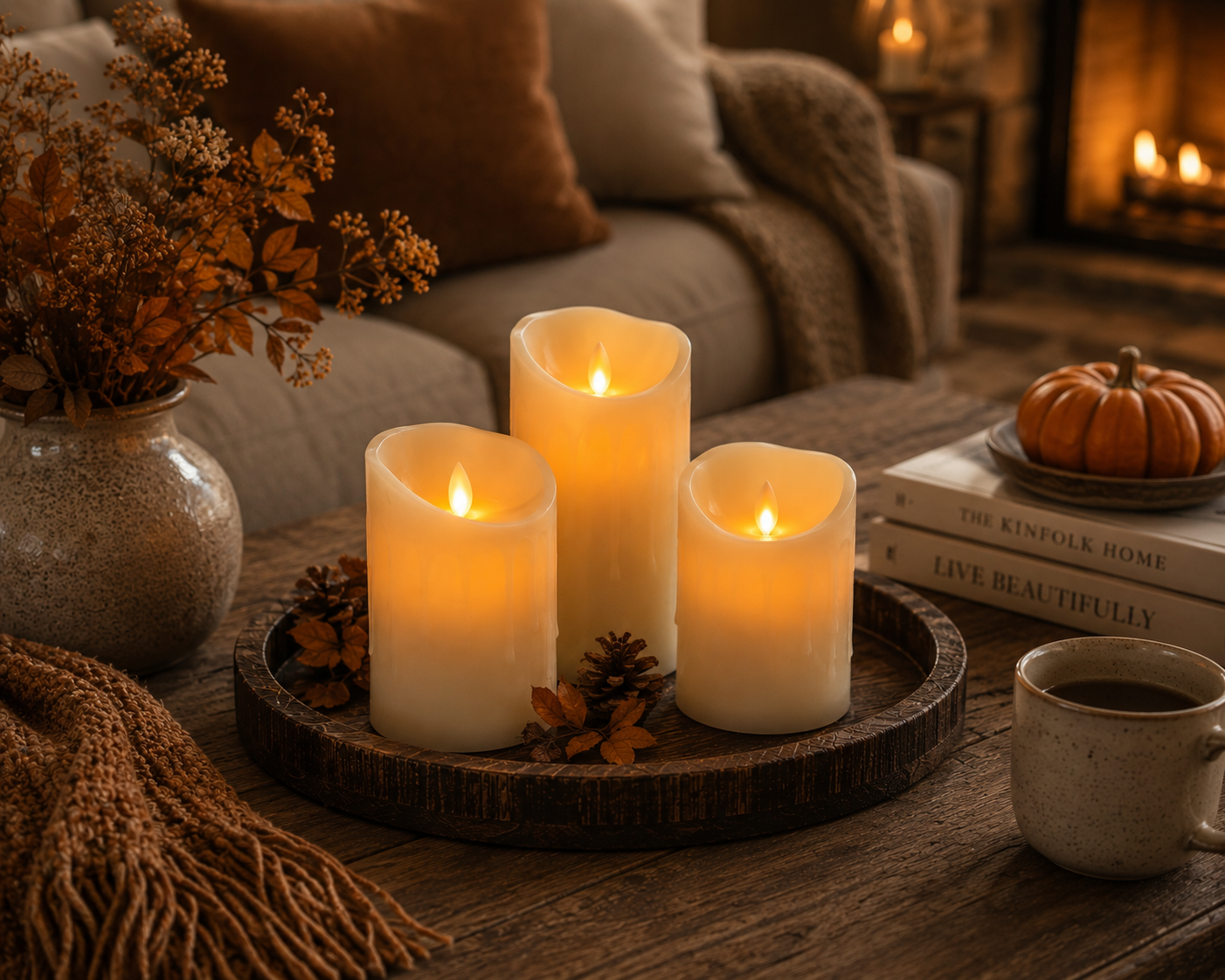 Three lit cream-colored faux LED pillar candles on a round dark wooden tray, styled on a rustic wooden table in a cozy living room setting with a fireplace, books, a mug, and dried flowers.