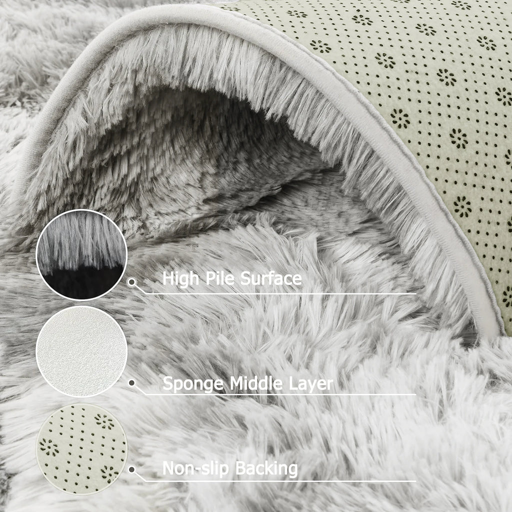 Close-up of a plush cushion with text labels on high pile surface, sponge middle layer, and non-slip backing.