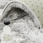 Close-up of a plush cushion with text labels on high pile surface, sponge middle layer, and non-slip backing.