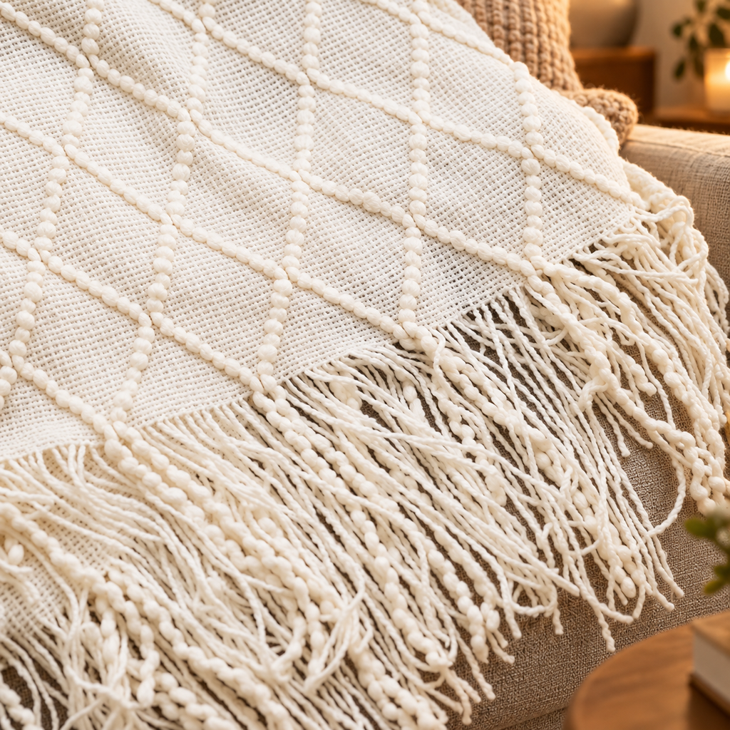 A close-up of a cream-colored woven throw blanket with a textured diamond pattern and long fringe, draped over a beige upholstered chair in a warm indoor setting.