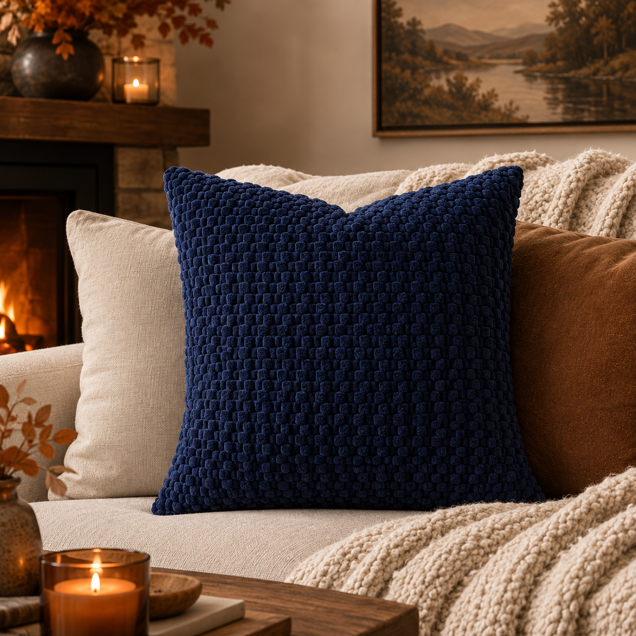 A navy blue textured throw pillow with a basketweave pattern, styled on a cozy cream sofa next to a brown pillow and a cream knit blanket in a warm living room setting.