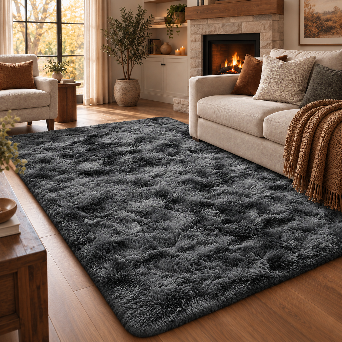 A large rectangular shag rug in charcoal gray is shown in a cozy living room with a cream sofa, fireplace, wood floor, and plants.