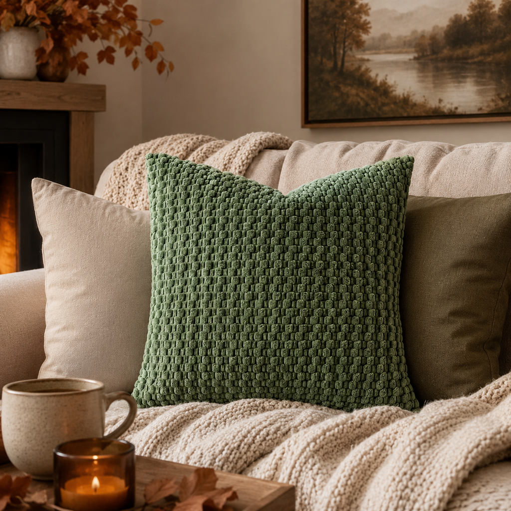 A textured sage green throw pillow with a basketweave pattern, styled on a cozy beige sofa with a chunky knit blanket, a mug, and a candle in a warm living room setting.