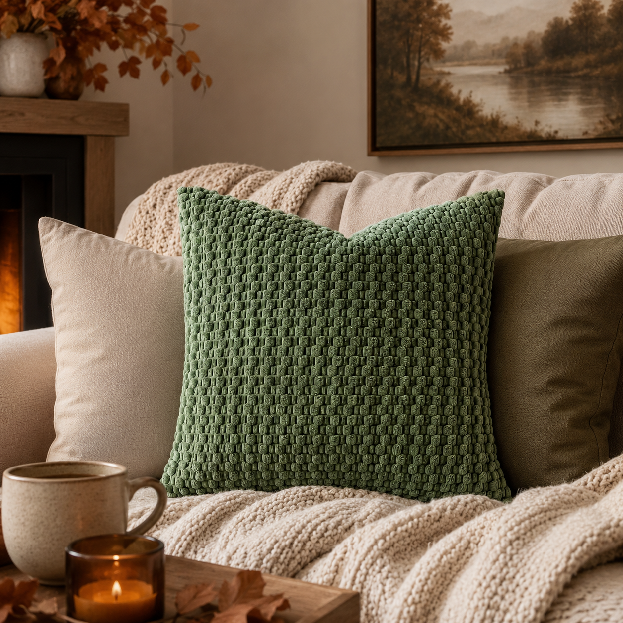 A textured sage green throw pillow with a basketweave pattern, styled on a cozy beige sofa with a chunky knit blanket, a mug, and a candle in a warm living room setting.