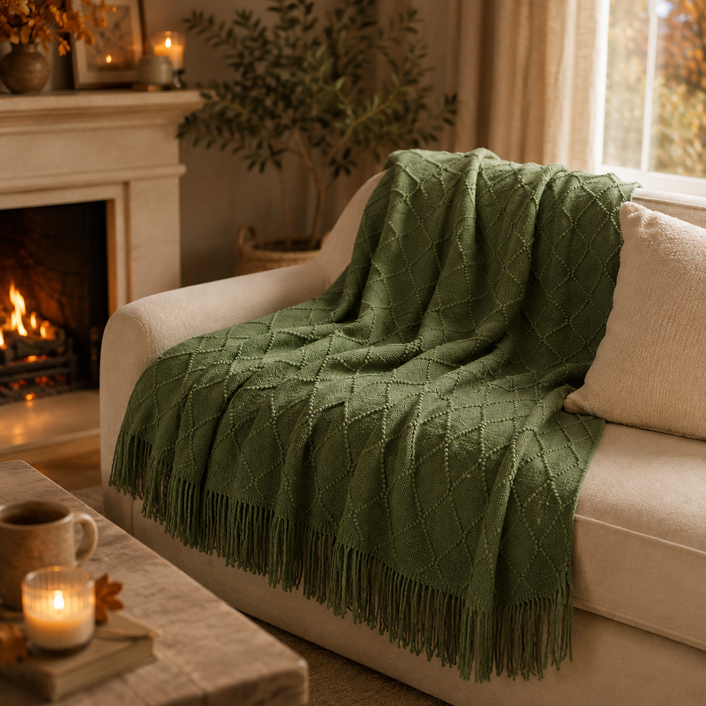 An olive green textured knit throw blanket with fringe, draped over a cream-colored sofa in a cozy living room setting with a fireplace and candles.
