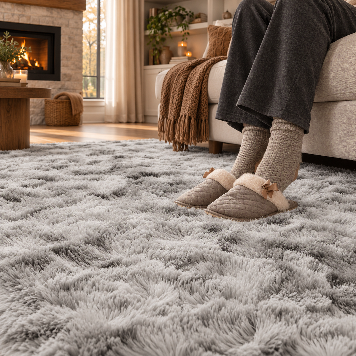 A person wearing gray lounge pants, beige socks, and taupe slip-on slippers sits on a light beige sofa in a cozy living room, with their feet resting on a large, shaggy gray area rug.