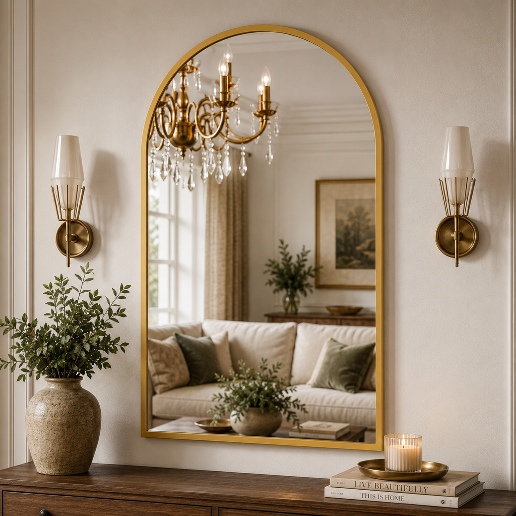 An arched gold-framed wall mirror with a crystal-accented reflection area, mounted on a cream wall in a styled living room setting flanked by two brass sconces and decorated with potted plants and books.
