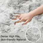 Close-up of a hand touching a fluffy gray rug with text 'Dense High Pile, Skin-friendly Material'.