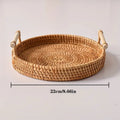 Woven tray with handles on a white background, showing dimensions.