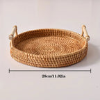 Woven tray with handles on a white background, showing dimensions.