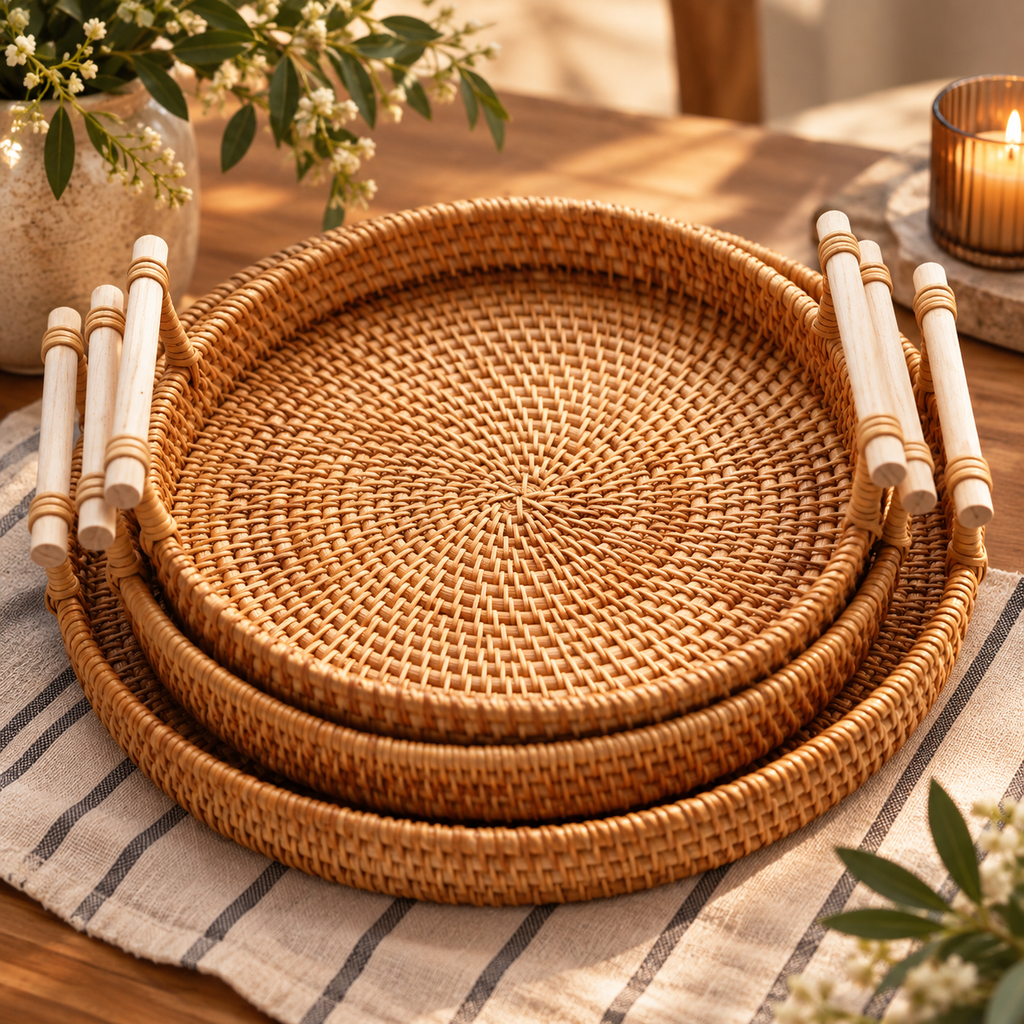 Three nested round woven rattan trays with light wood handles, arranged on a striped cloth on a wooden table with decorative flowers and a candle.