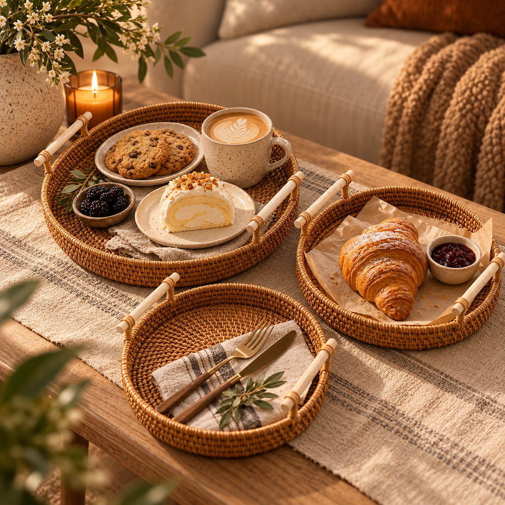 Three round woven rattan serving trays with light wood handles are arranged on a table in a warm, cozy living room setting. The trays hold assorted breakfast and dessert items, including a croissant, a slice of cake, a cookie, a cup of coffee, and a small bowl of jam.