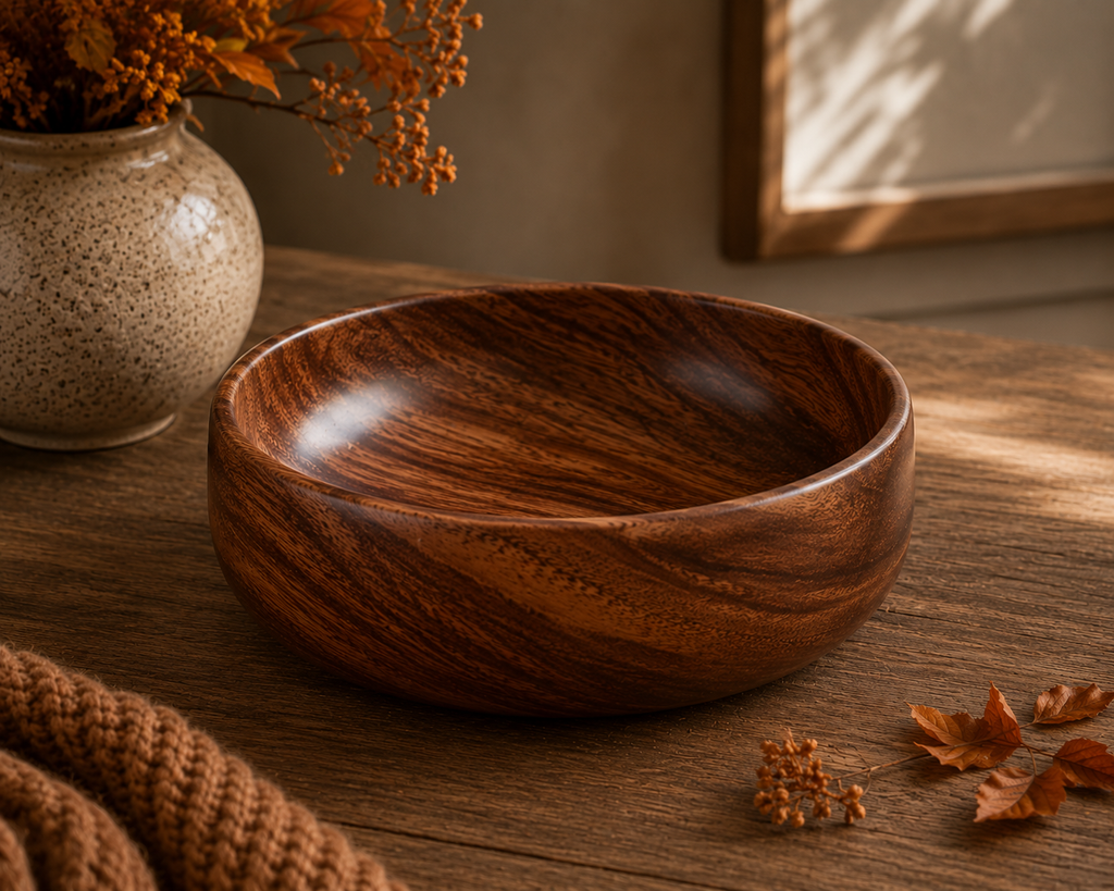A round wooden bowl with a rich dark brown grain pattern, styled on a rustic wooden table with autumn leaves, a knitted blanket, and a ceramic vase in the background.