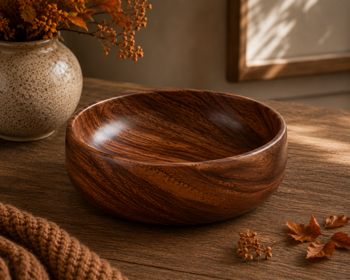 A round wooden bowl with a rich dark brown grain pattern, styled on a rustic wooden table with autumn leaves, a knitted blanket, and a ceramic vase in the background.