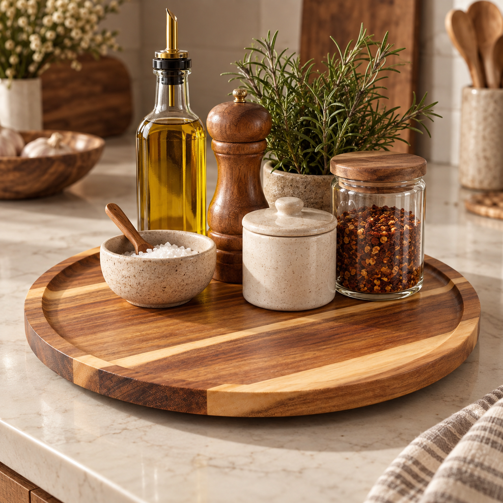Round wooden serving tray on a kitchen counter with a speckled salt bowl, oil bottle, pepper mill, ceramic jar, and red pepper jar.